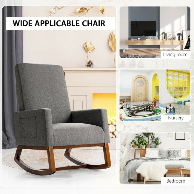 Modern Upholstered Rocking Chair High Back Lounge Armchair with Side Pocket and Fabric Padded Seat