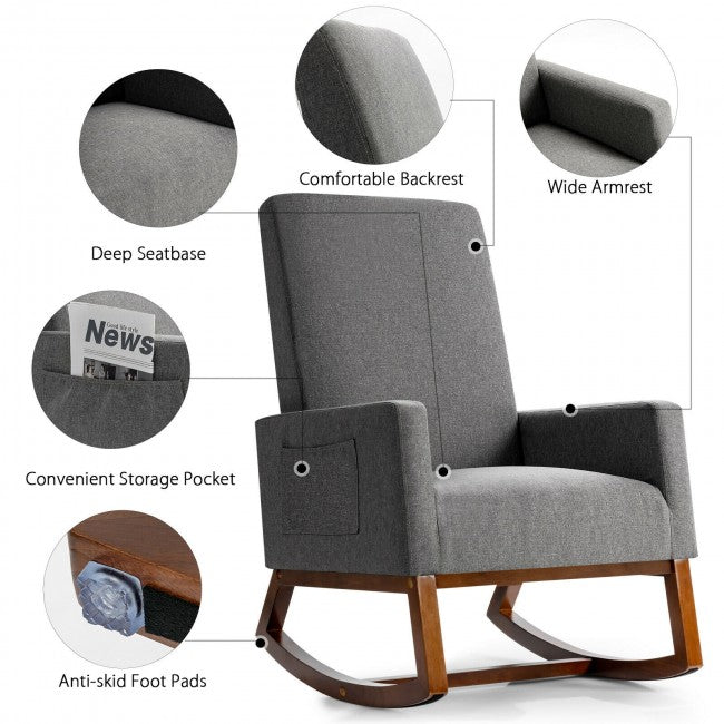 Modern Upholstered Rocking Chair High Back Lounge Armchair with Side Pocket and Fabric Padded Seat