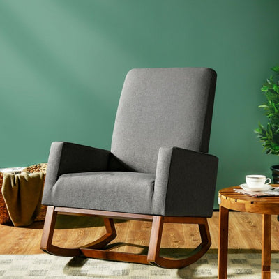 Modern Upholstered Rocking Chair High Back Lounge Armchair with Side Pocket and Fabric Padded Seat