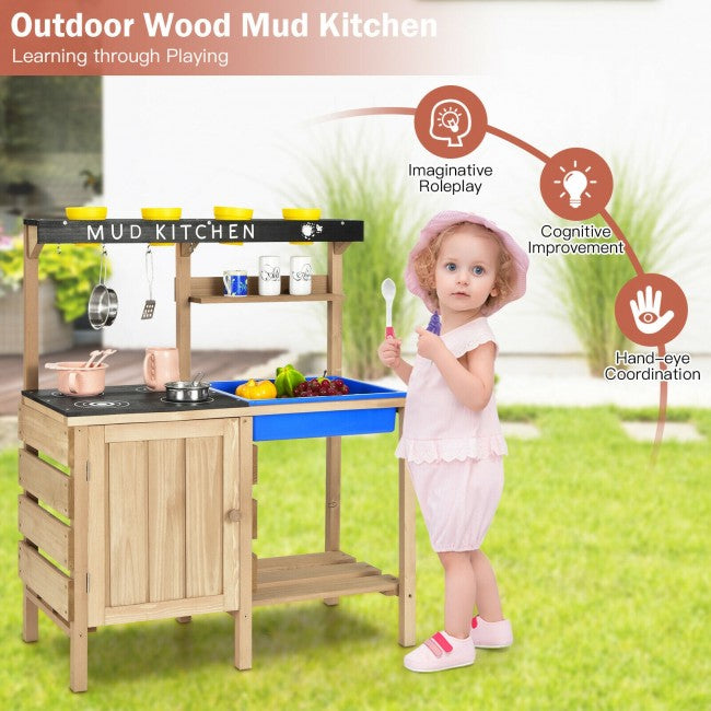 Outdoor Mud Kids Kitchen Playset Wooden Pretend Play Toy with Kitchenware