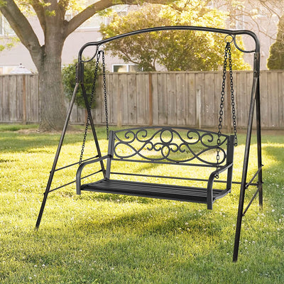 Outdoor 2-Person Metal Porch Swing Chair Patio Hanging Bench with Sturdy Chains and Wide Seat