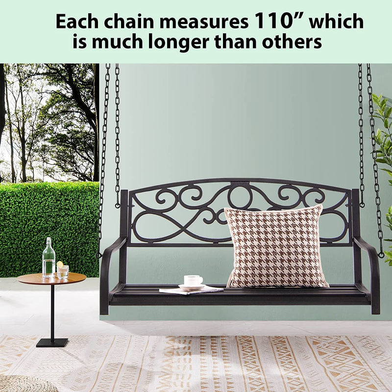 Outdoor 2-Person Metal Porch Swing Chair Patio Hanging Bench with Sturdy Chains and Wide Seat