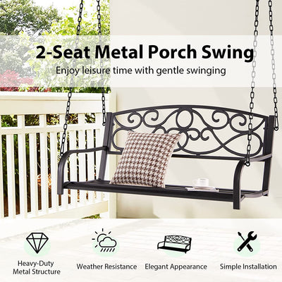 Outdoor 2-Person Metal Porch Swing Chair Patio Hanging Bench with Sturdy Chains and Wide Seat