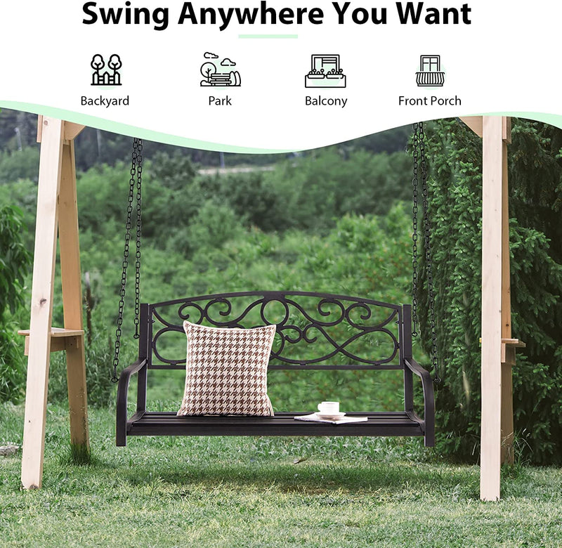 Outdoor 2-Person Metal Porch Swing Chair Patio Hanging Bench with Sturdy Chains and Wide Seat