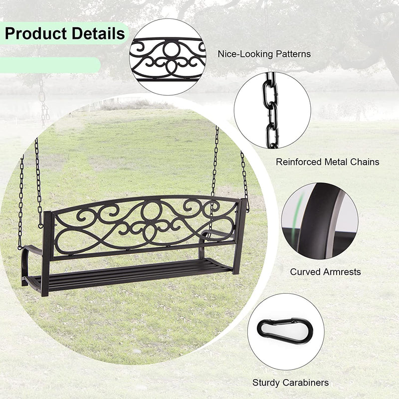 Outdoor 2-Person Metal Porch Swing Chair Patio Hanging Bench with Sturdy Chains and Wide Seat