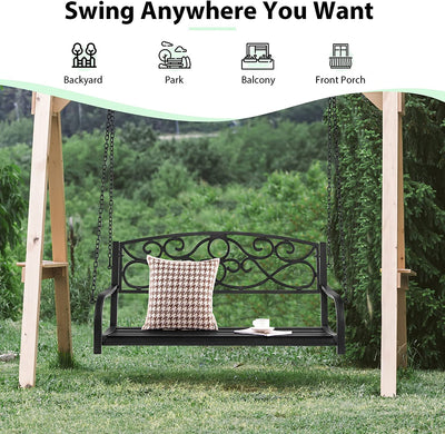 Outdoor 2-Person Metal Porch Swing Chair Patio Hanging Bench with Sturdy Chains and Wide Seat