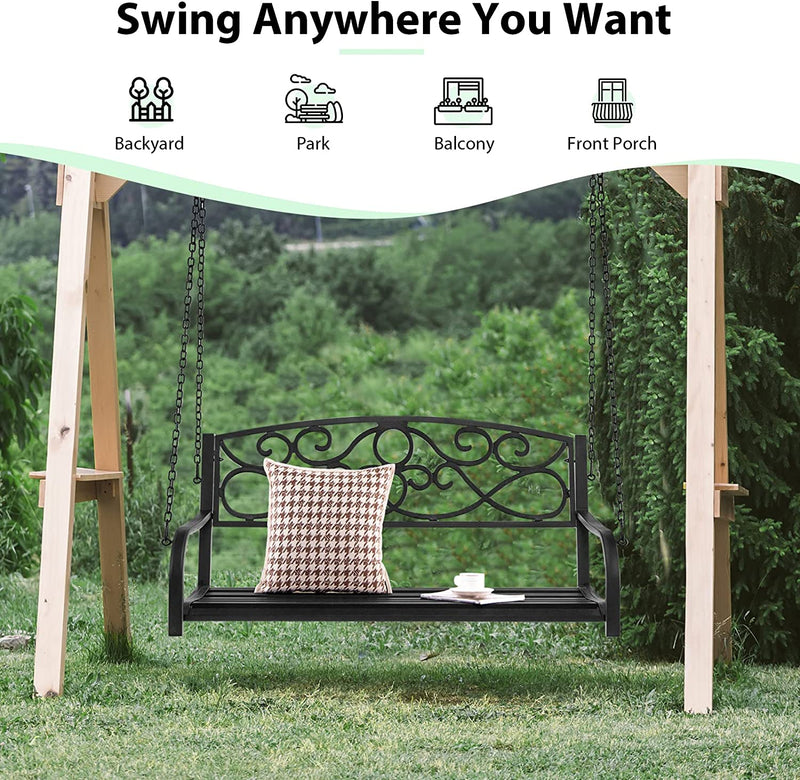 Outdoor 2-Person Metal Porch Swing Chair Patio Hanging Bench with Sturdy Chains and Wide Seat