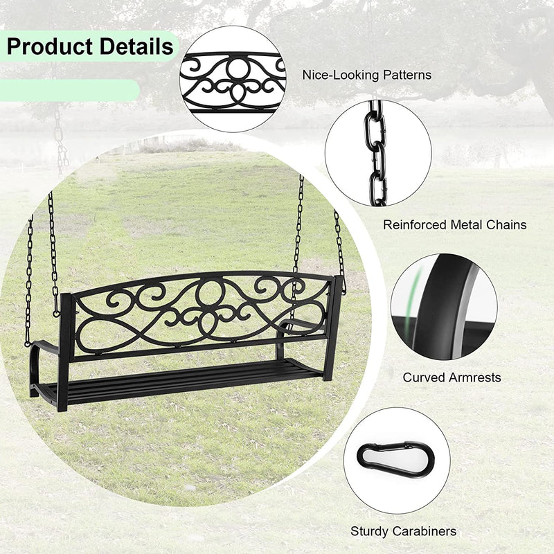 Outdoor 2-Person Metal Porch Swing Chair Patio Hanging Bench with Sturdy Chains and Wide Seat