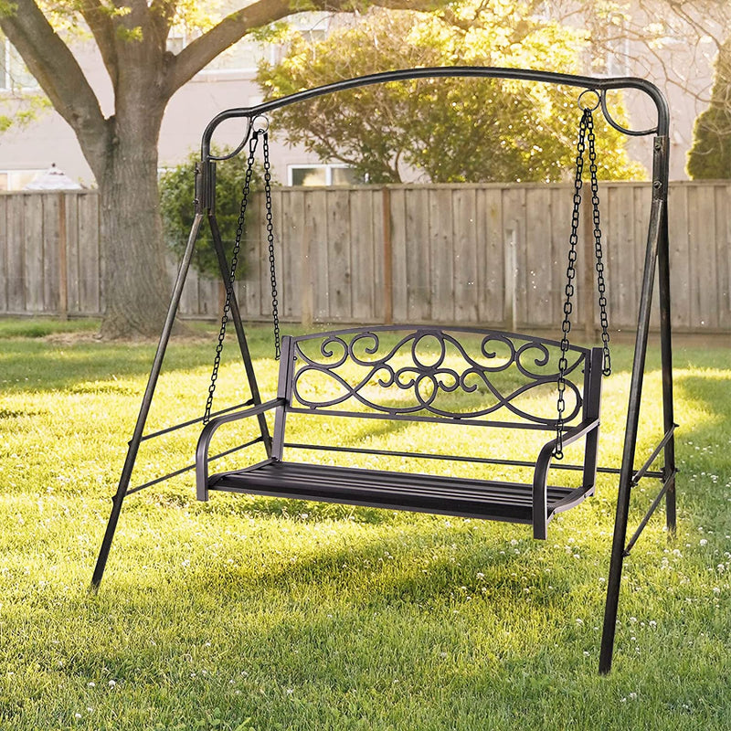 Outdoor 2-Person Metal Porch Swing Chair Patio Hanging Bench with Sturdy Chains and Wide Seat