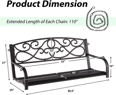 Outdoor 2-Person Metal Porch Swing Chair Patio Hanging Bench with Sturdy Chains and Wide Seat