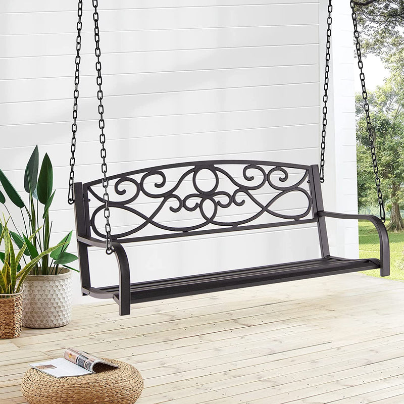 Outdoor 2-Person Metal Porch Swing Chair Patio Hanging Bench with Sturdy Chains and Wide Seat