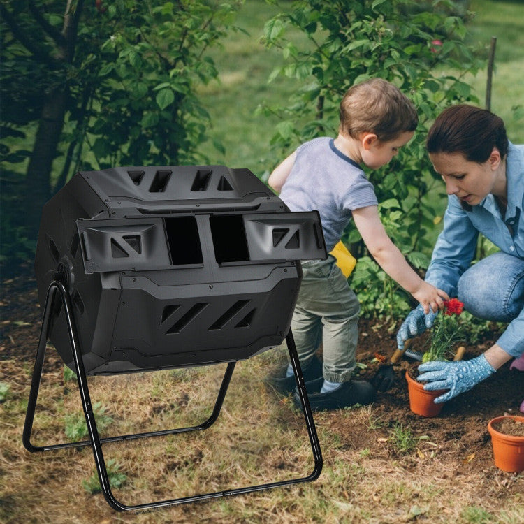 Outdoor 43 Gallon Composting Tumbler Dual Chamber Rotating Compost Bin Barrel with Sliding Door and Aeration System