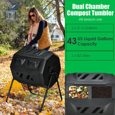 Outdoor 43 Gallon Composting Tumbler Dual Chamber Rotating Compost Bin Barrel with Sliding Door and Aeration System