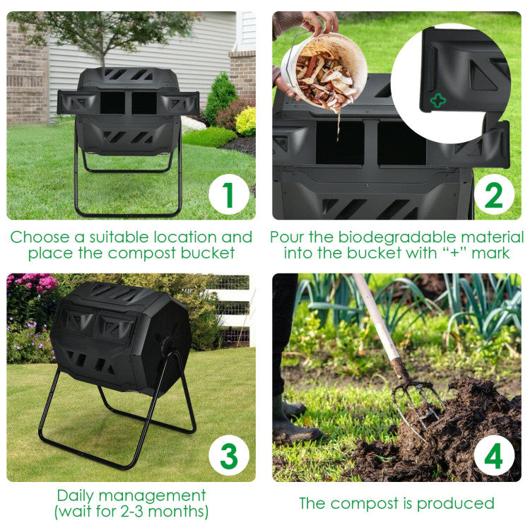 Outdoor 43 Gallon Composting Tumbler Dual Chamber Rotating Compost Bin Barrel with Sliding Door and Aeration System