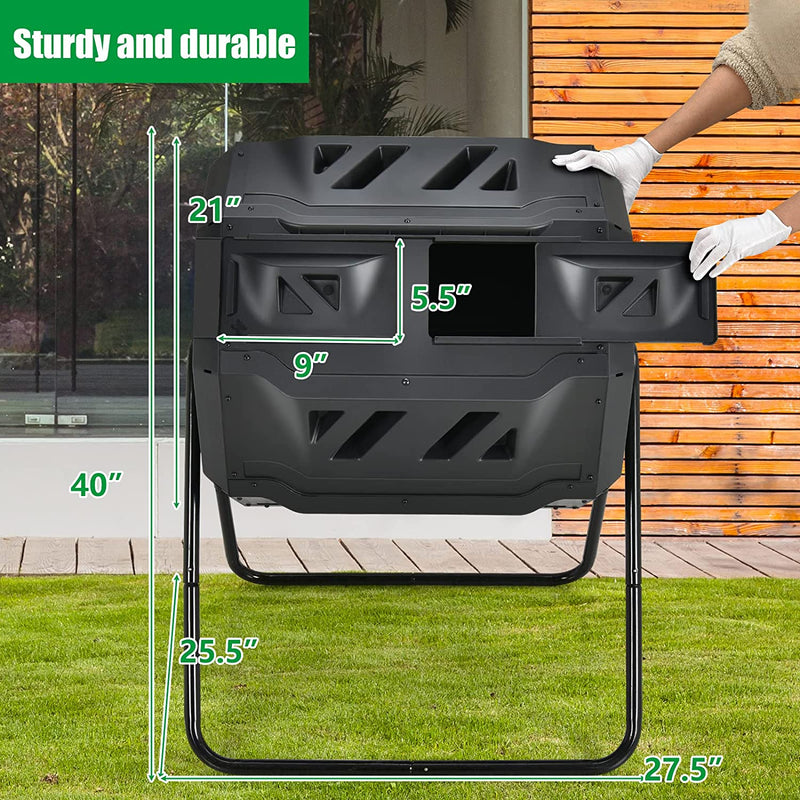 Outdoor 43 Gallon Composting Tumbler Dual Chamber Rotating Compost Bin Barrel with Sliding Door and Aeration System