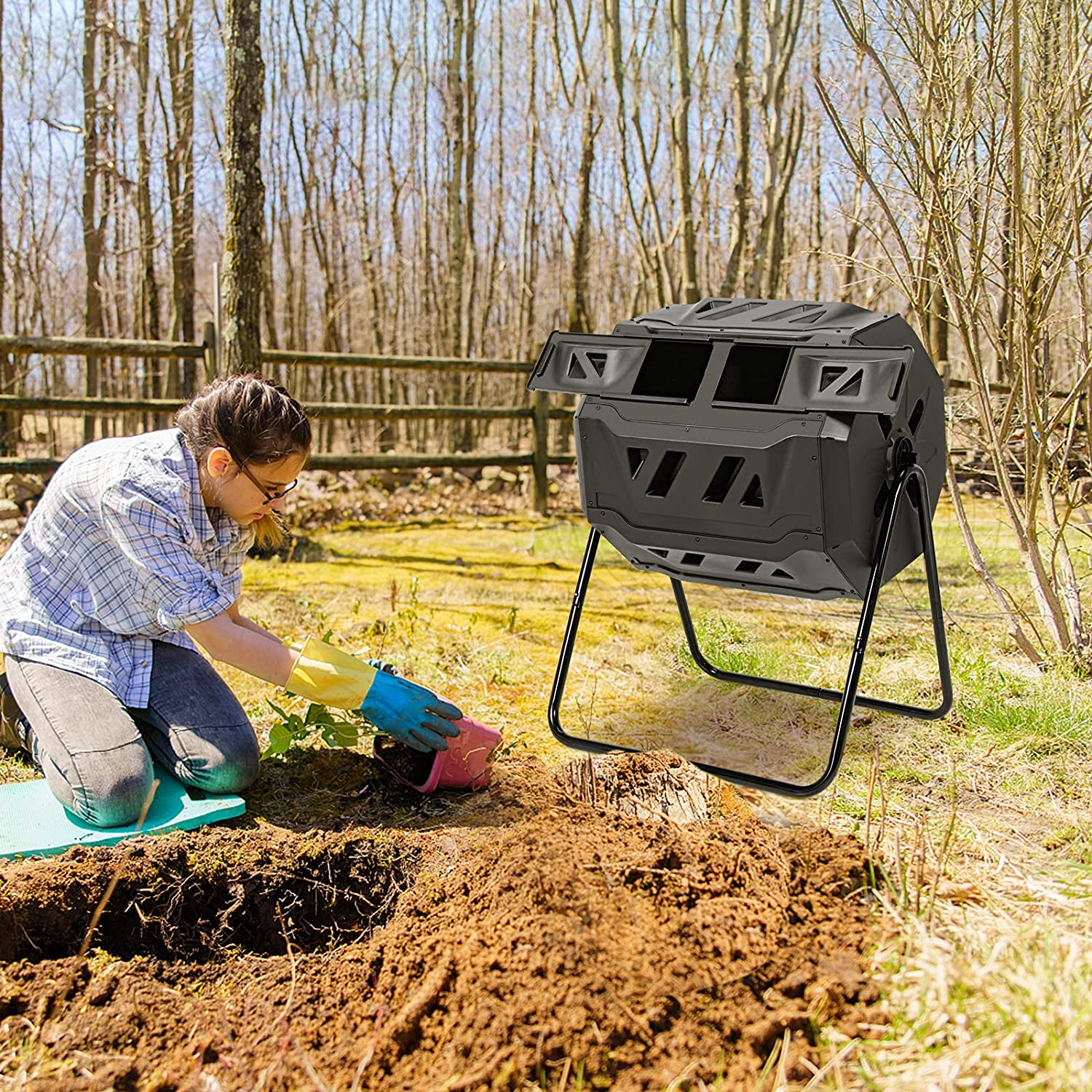 Outdoor 43 Gallon Composting Tumbler Dual Chamber Rotating Compost Bin ...