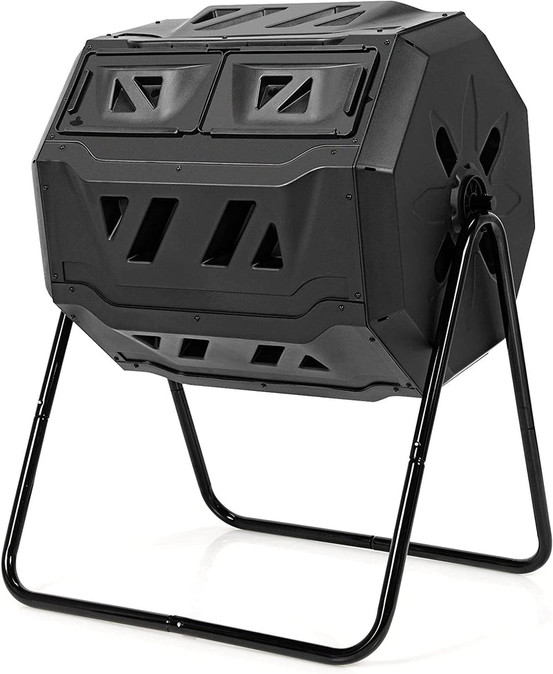 Outdoor 43 Gallon Composting Tumbler Dual Chamber Rotating Compost Bin Barrel with Sliding Door and Aeration System