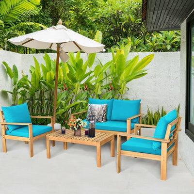 Outdoor 4 Pieces Acacia Wood Loveseat Chat Set Patio Furniture Conversation Sofa Set with Cushion and Coffee Table