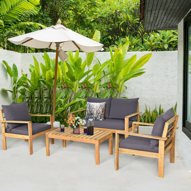 Outdoor 4 Pieces Acacia Wood Loveseat Chat Set Patio Furniture Conversation Sofa Set with Cushion and Coffee Table