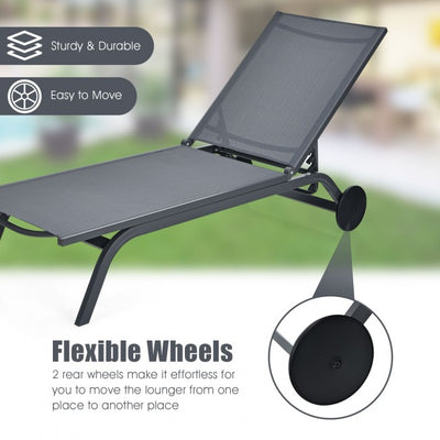 Outdoor 6-Position Adjustable Fabric Recliner Chair Patio Lounge Chair with Large Wheels