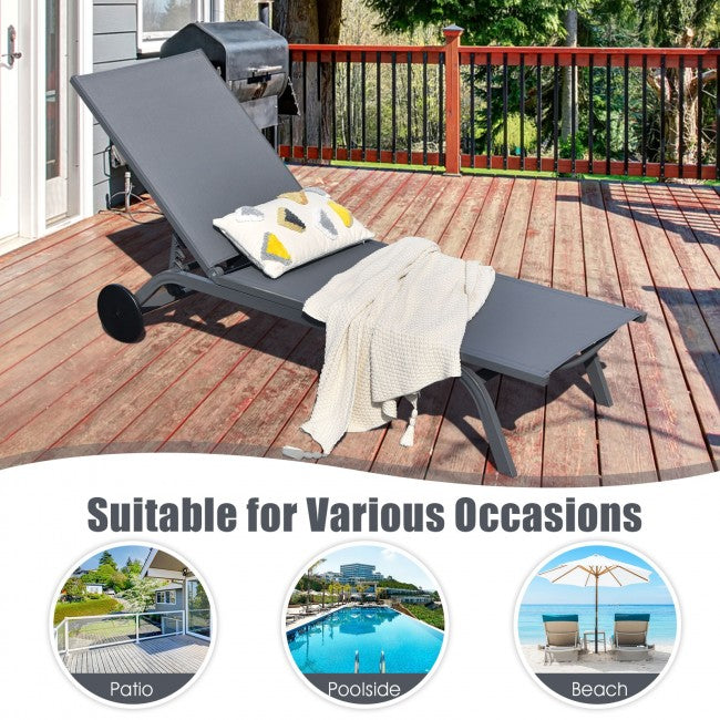 Outdoor 6-Position Adjustable Fabric Recliner Chair Patio Lounge Chair with Large Wheels