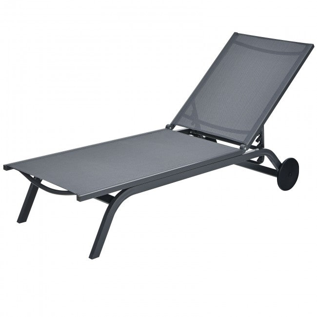 Outdoor 6-Position Adjustable Fabric Recliner Chair Patio Lounge Chair with Large Wheels