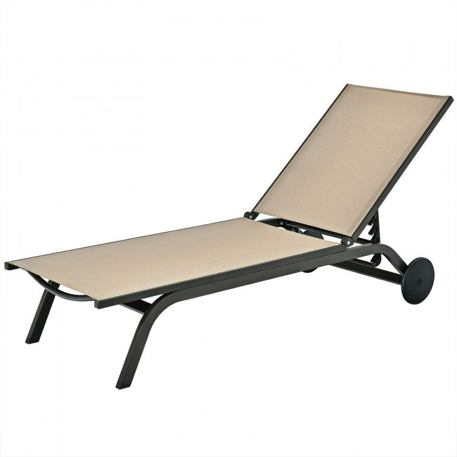 Outdoor 6-Position Adjustable Fabric Recliner Chair Patio Lounge Chair with Large Wheels
