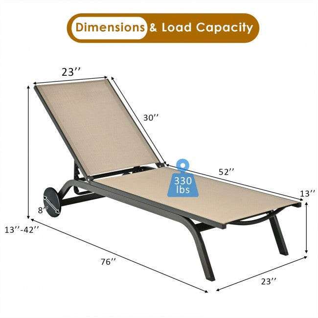 Outdoor 6-Position Adjustable Fabric Recliner Chair Patio Lounge Chair with Large Wheels