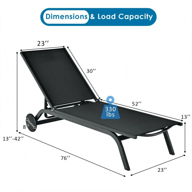 Outdoor 6-Position Adjustable Fabric Recliner Chair Patio Lounge Chair with Large Wheels