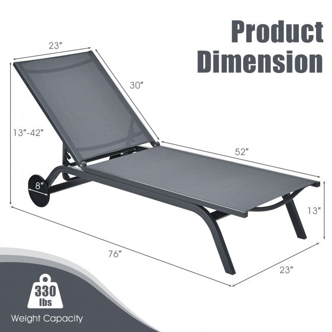 Outdoor 6-Position Adjustable Fabric Recliner Chair Patio Lounge Chair with Large Wheels