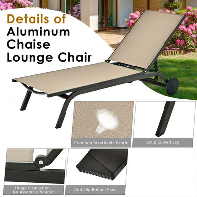 Outdoor 6-Position Adjustable Fabric Recliner Chair Patio Lounge Chair with Large Wheels