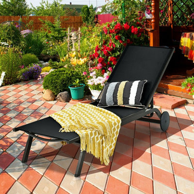 Outdoor 6-Position Adjustable Fabric Recliner Chair Patio Lounge Chair with Large Wheels