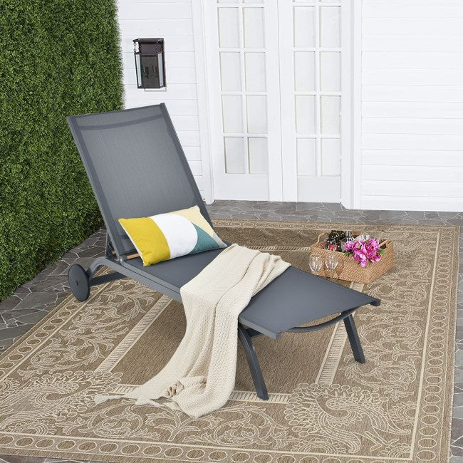 Outdoor 6-Position Adjustable Fabric Recliner Chair Patio Lounge Chair with Large Wheels