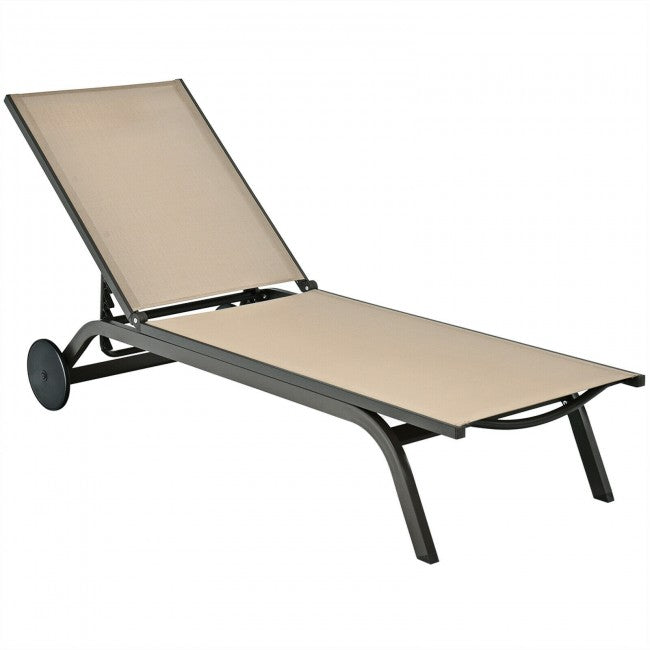Outdoor 6-Position Adjustable Fabric Recliner Chair Patio Lounge Chair with Large Wheels