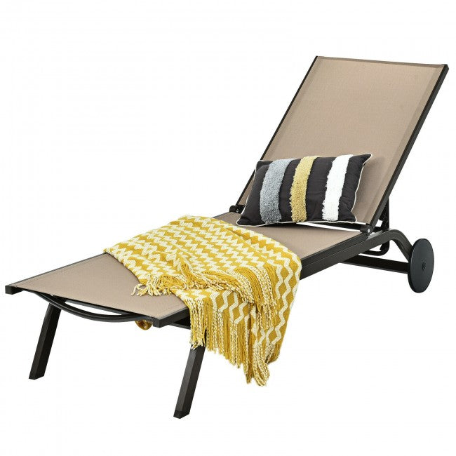 Outdoor 6-Position Adjustable Fabric Recliner Chair Patio Lounge Chair with Large Wheels