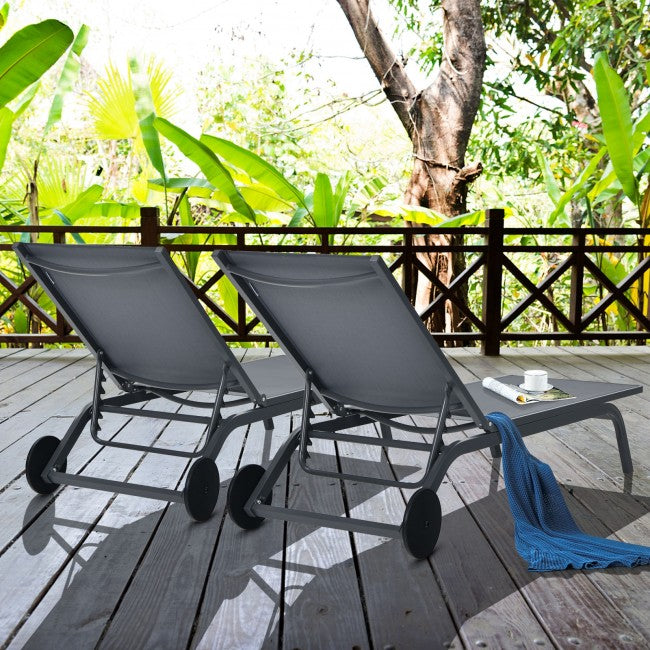 Outdoor 6-Position Adjustable Fabric Recliner Chair Patio Lounge Chair with Large Wheels