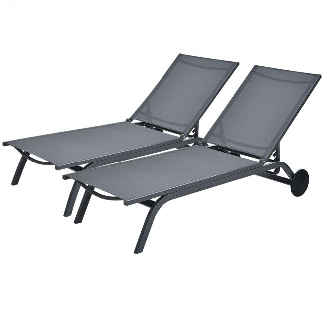 Outdoor 6-Position Adjustable Fabric Recliner Chair Patio Lounge Chair with Large Wheels