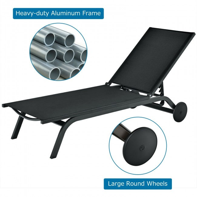 Outdoor 6-Position Adjustable Fabric Recliner Chair Patio Lounge Chair with Large Wheels