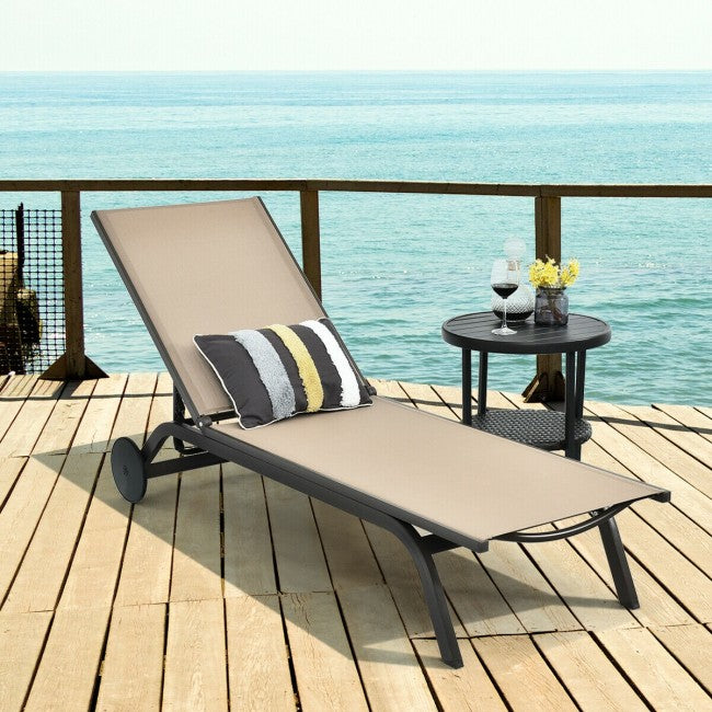 Outdoor 6-Position Adjustable Fabric Recliner Chair Patio Lounge Chair with Large Wheels
