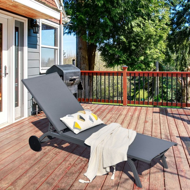 Outdoor 6-Position Adjustable Fabric Recliner Chair Patio Lounge Chair with Large Wheels
