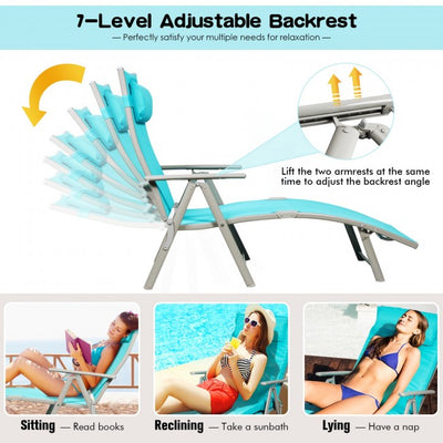 Outdoor 7-Position Folding Chaise Lounge Chair Pool Reclining Beach Chair with Pillow and Cushion