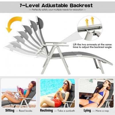 Outdoor 7-Position Folding Chaise Lounge Chair Pool Reclining Beach Chair with Pillow and Cushion