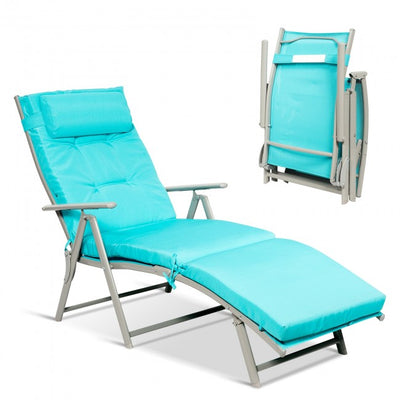 Outdoor 7-Position Folding Chaise Lounge Chair Pool Reclining Beach Chair with Pillow and Cushion