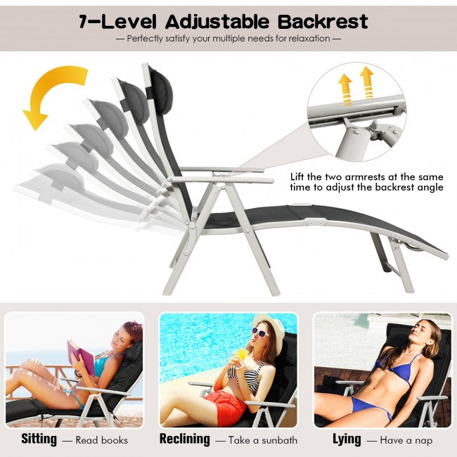 Outdoor 7-Position Folding Chaise Lounge Chair Pool Reclining Beach Chair with Pillow and Cushion