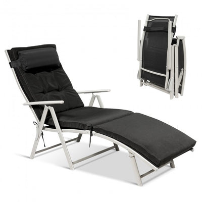 Outdoor 7-Position Folding Chaise Lounge Chair Pool Reclining Beach Chair with Pillow and Cushion