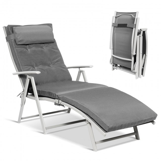 Outdoor 7-Position Folding Chaise Lounge Chair Pool Reclining Beach Chair with Pillow and Cushion