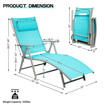 Outdoor 7-Position Folding Chaise Lounge Chair Pool Reclining Beach Chair with Pillow and Cushion