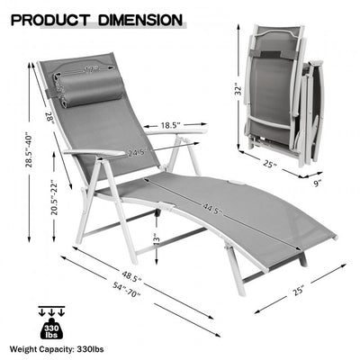 Outdoor 7-Position Folding Chaise Lounge Chair Pool Reclining Beach Chair with Pillow and Cushion