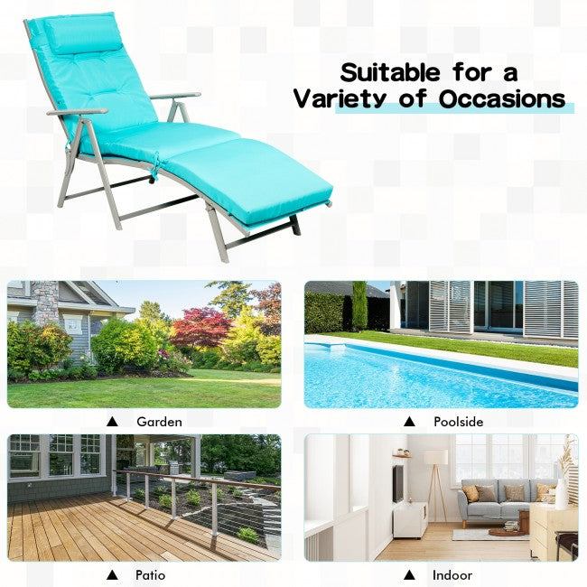 Outdoor 7-Position Folding Chaise Lounge Chair Pool Reclining Beach Chair with Pillow and Cushion