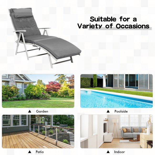 Outdoor 7-Position Folding Chaise Lounge Chair Pool Reclining Beach Chair with Pillow and Cushion